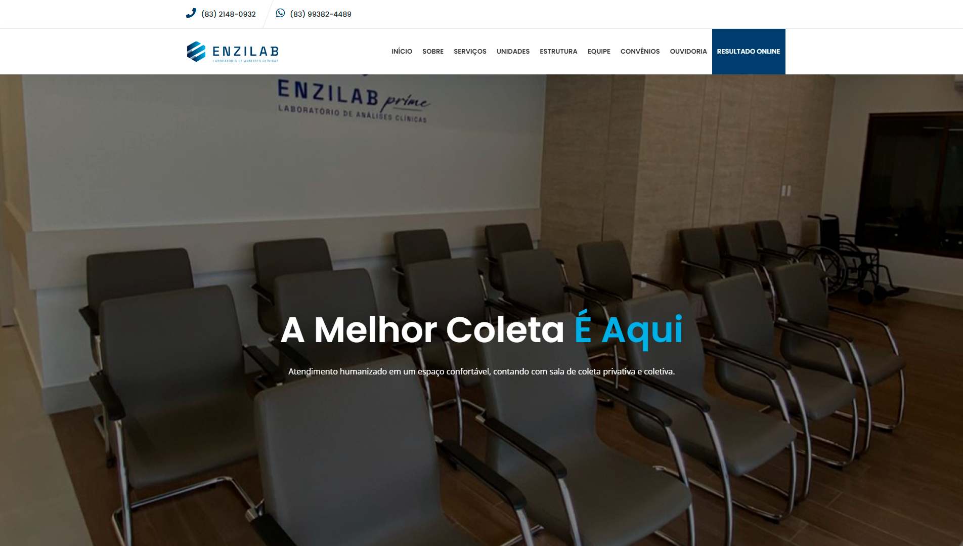 Website da Enzilab, laboratório de análise sanguínea